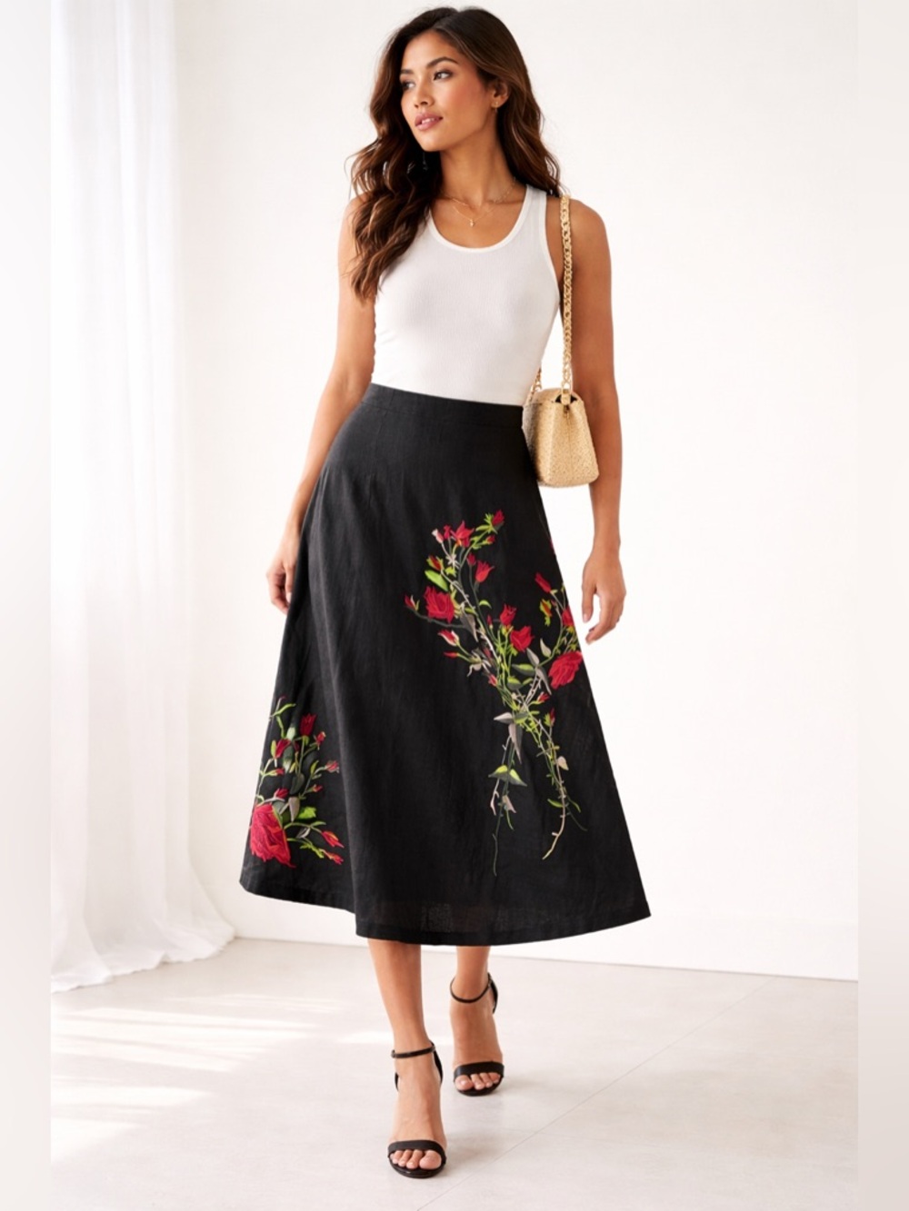 Y2K Embroidered Linen Blend Midi Skirt Romantic Statement Lined Floral Roses 16